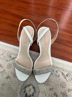 SCHUTZ White Crystal-Embellished Slingback Heels